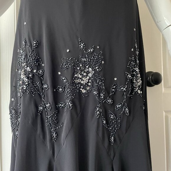 Vintage Y2K 90s Midi Beaded Black Sheer Asymmetrical Scarf Hem Dress Sz 14W - Picture 8 of 15